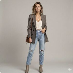 Zara Womens Double Breasted Plaid Blazer Women’s XS Taupe Brown Tailored Jacket